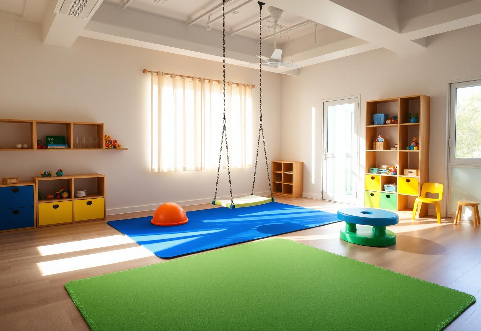 Sala de terapia infantil colorida e iluminada da clínica eMaricá Saúde